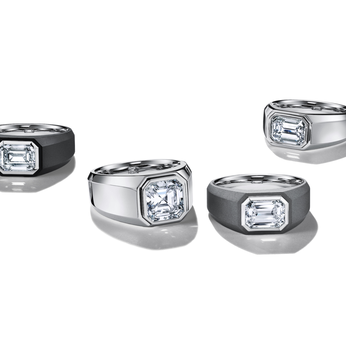 The Charles Tiffany Setting engagement rings in platinum and black and