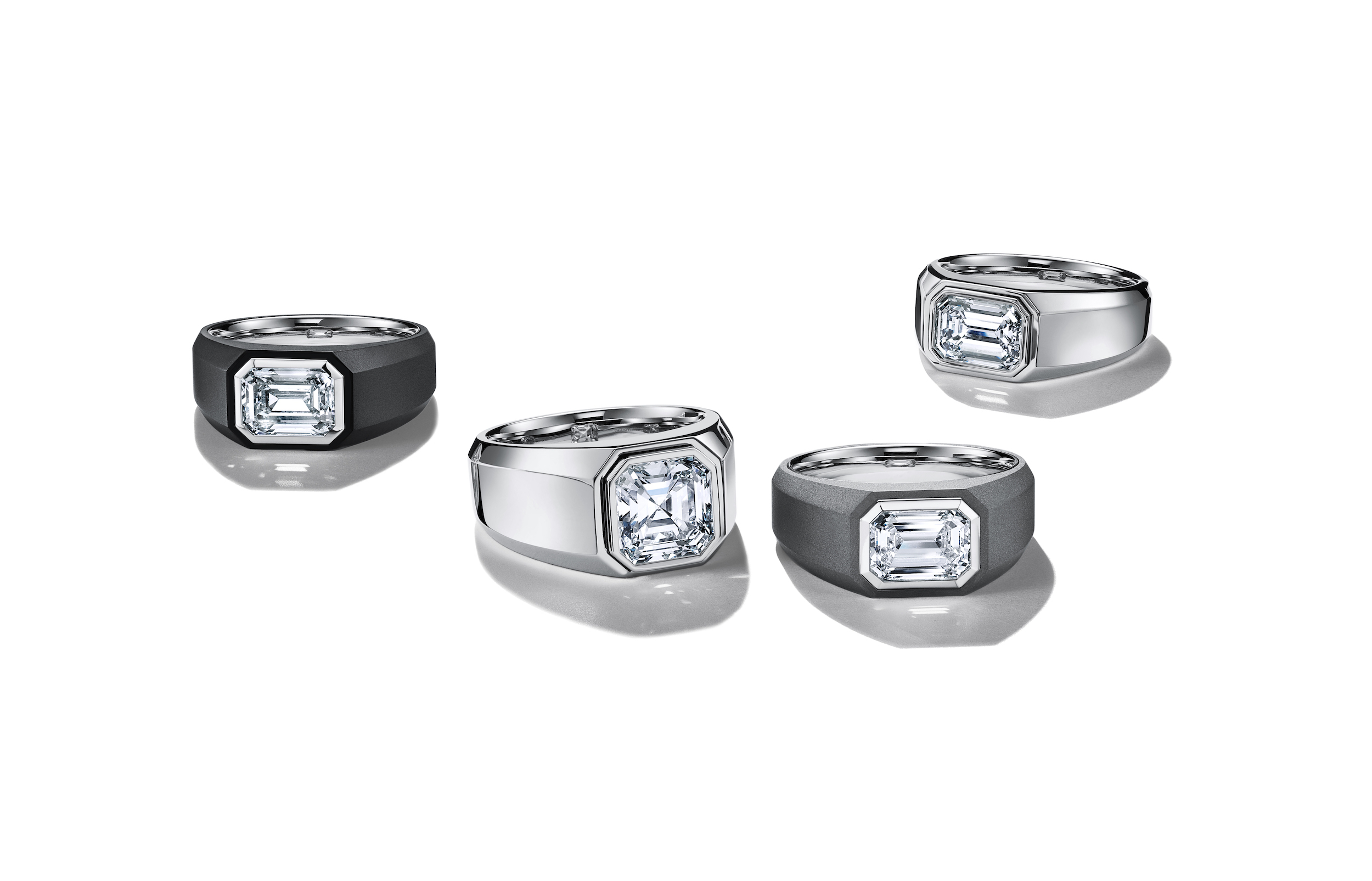 The Charles Tiffany Setting engagement rings in platinum and black and