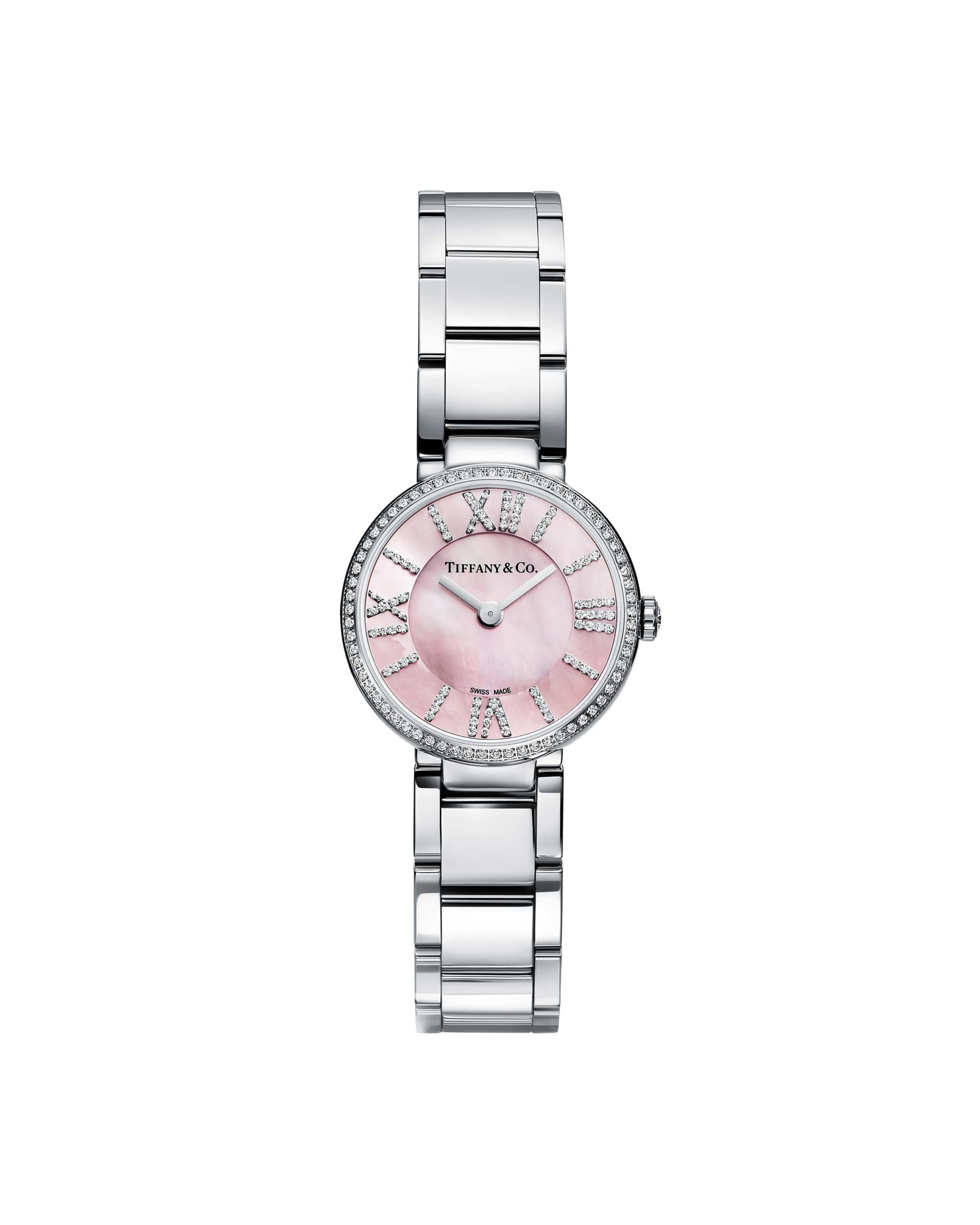 Atlas® 2-Hand 24 mm round watch in stainless steel and diamonds with a pink  mother-of-pearl diamond dial - Tiffany