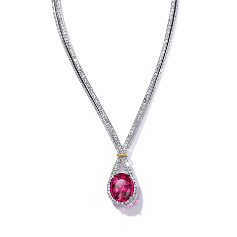 Pendant in platinum and 18k yellow gold with a rubellite of over 69 ...