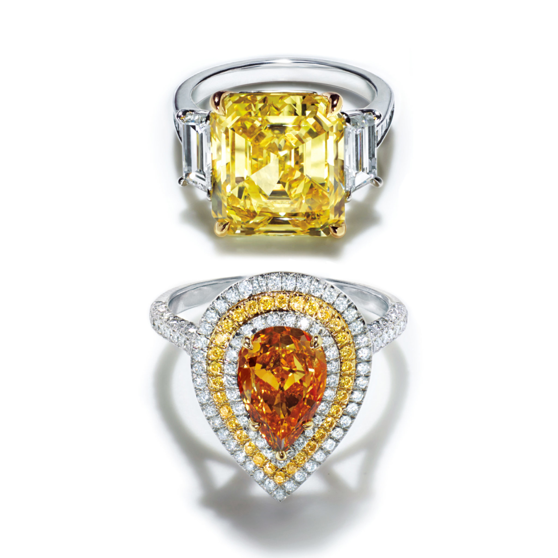 Ring with a 9.56-carat emerald-cut Fancy Vivid Yellow diamond and ring ...